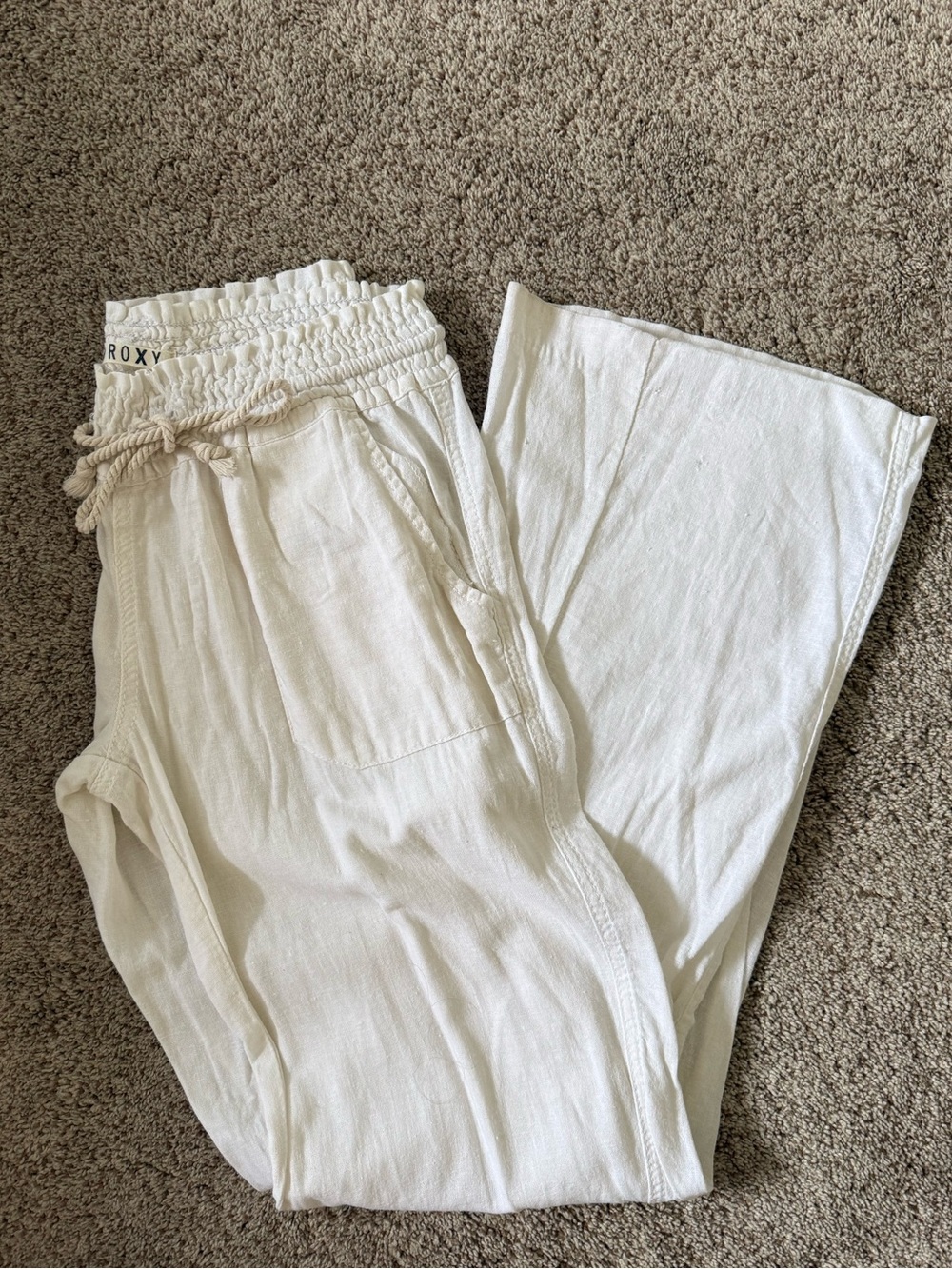 Roxy White Drawstring Wide-Leg Linen Pants